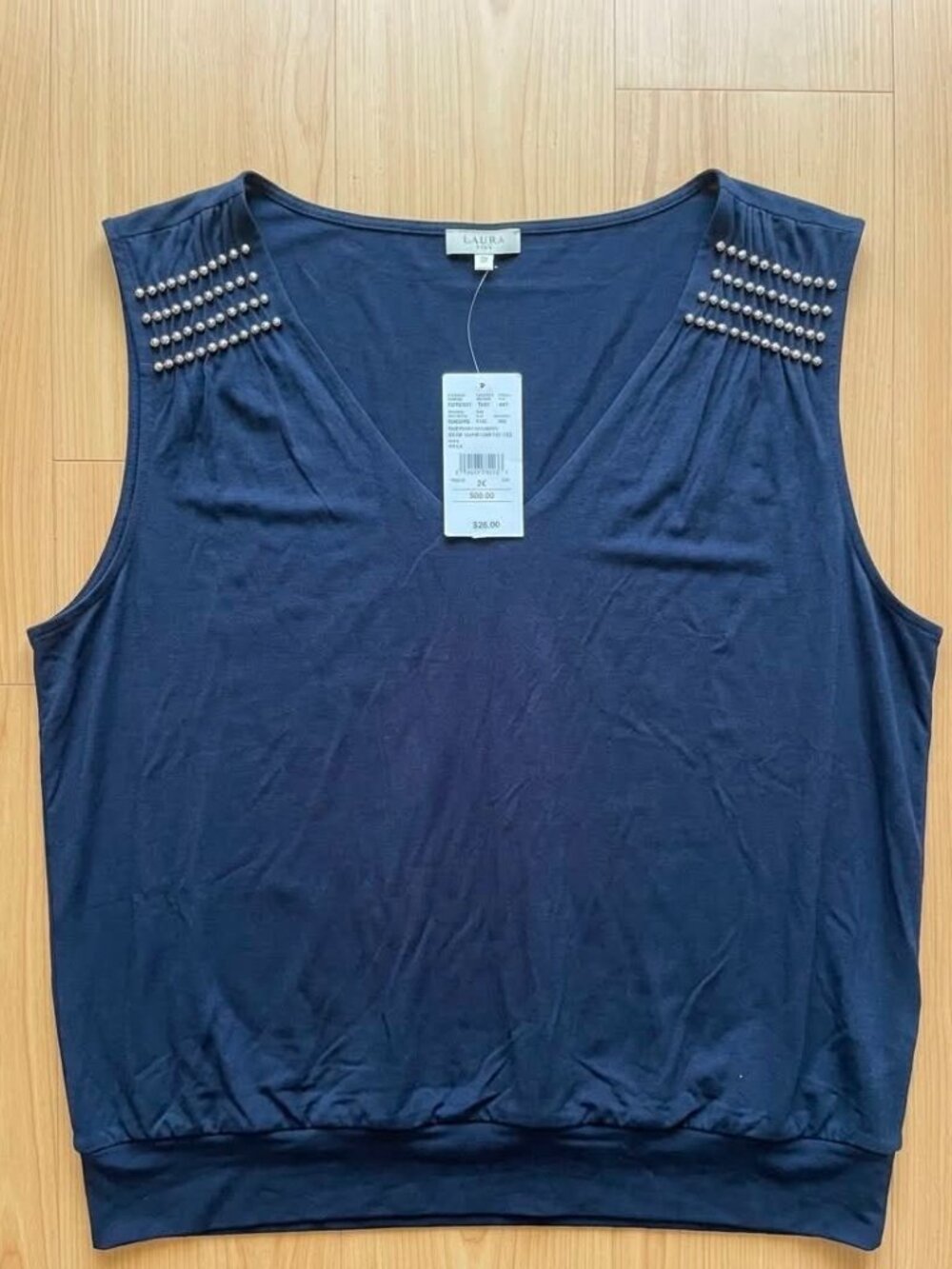 Laura Sleeveless Beaded Top Navy Blue V-Neck Blouson Tank Shell Plus 3X #277